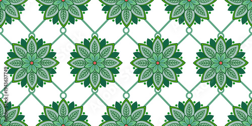 Vintage spring nature wallpaper design featuring a seamless floral pattern with green leaves and elegant plant ornaments in a vector illustration element set