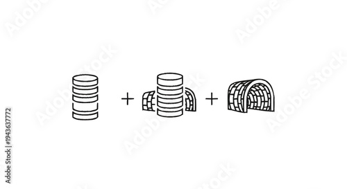 Stack of coins plus more coins plus igloo illustration.