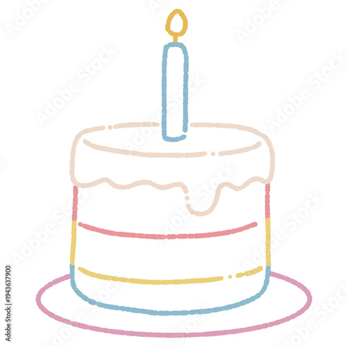 Cute Hand-Drawn Neon Style Layered Birthday Cake with Lit Candle and Drip Frosting