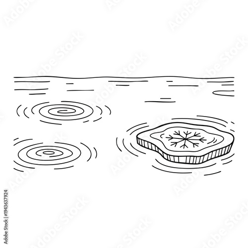 Single Ice Floe with Snowflake Design Floating on Water Surface.