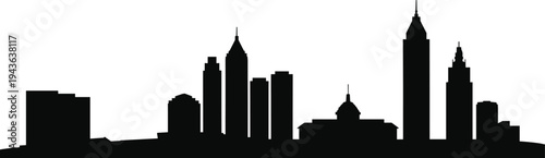 Atlanta Georgia skyline silhouette with downtown skyscrapers and historic capitol landmark isolated on white background, iconic urban cityscape vector illustration for travel