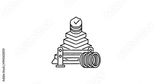 Stack of coins with checkmark on top and industrial elements.