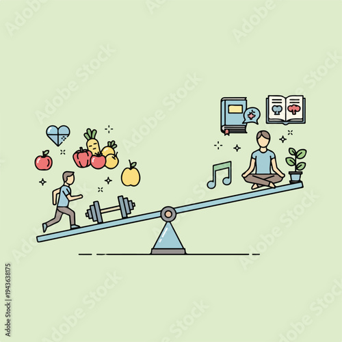 Illustration of a healthy lifestyle represented on a seesaw