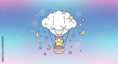 Whimsical hot air balloon with smiling star in basket floats on fluffy white cloud amidst celestial symbols