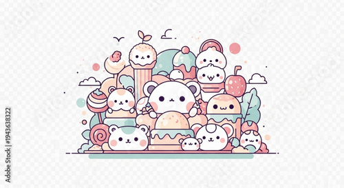 Kawaii cartoon bears and sweets in a colorful dessert landscape with ice cream and cake