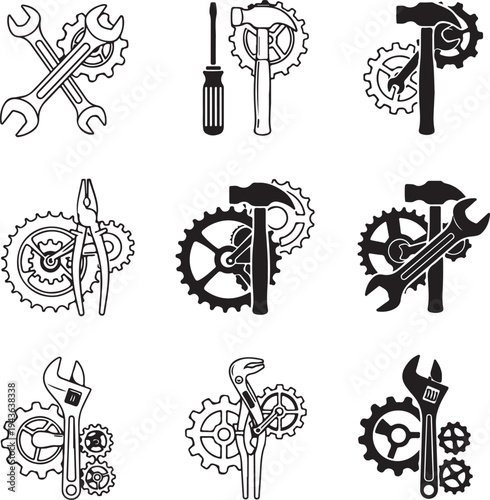 Black and white icons of tools and gears