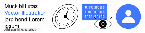 Data privacy, time management, digital security, information tracking, personal identity, online monitoring. Clock, binary code eye and user icon key modern digital . Data privacy and time