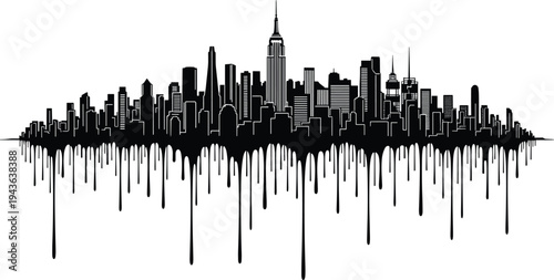 City skyline silhouette, urban skyscraper illustration, dripping paint artwork, abstract architecture vector, New York building sketch, modern metropolitan design art