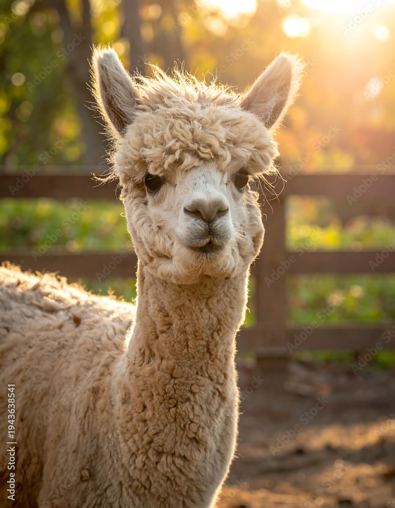 Naklejka premium Close-up of a fluffy white alpaca with warm sunlight behind it