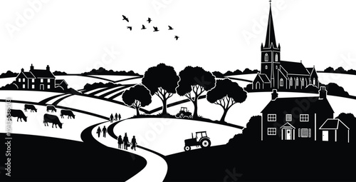 Countryside landscape illustration, rural community artwork, church steeple drawing, tractor road sketch, grazing cow vector, village houses art, black and white scene