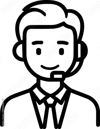 Hand Drawn Male Customer Service Agent Black and White Avatar Illustration in Minimal Line Art Style Design