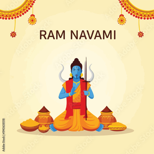 Illustration of a religious figure seated with items on beige background