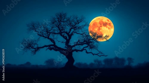 Majestic tree silhouetted against a glowing full moon