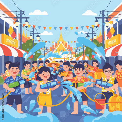 Illustration of people joyfully playing with water guns on a city street