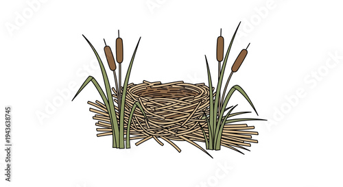 Illustration of a bird's nest with cattails.