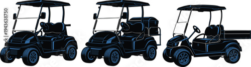 Golf cart illustration, utility vehicle drawing, recreational transport sketch, cargo cart design, electric buggy artwork, black and white vector, detailed outline