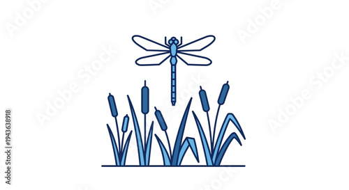 A blue dragonfly hovers over cattails.