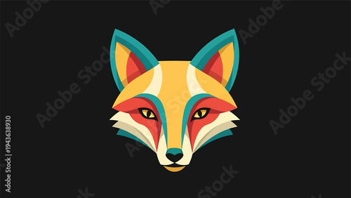 Stylized Geometric Fox Head Portrait Vibrant Colors.