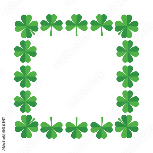 Green shamrocks and four-leaf clovers form a square border on a white background