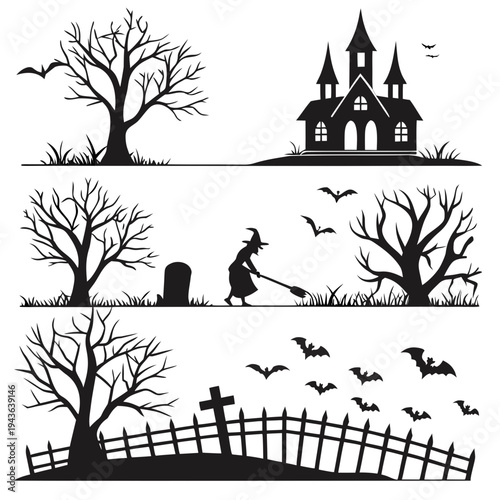 Halloween silhouette borders featuring a creepy house, a witch with her broomstick, a graveyard, and spooky flying bats