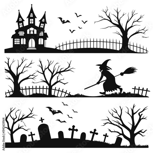 Halloween silhouette with haunted castle, witch flying, scary trees, cemetery with tombstones and old wooden fences