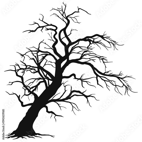 Minimalist black silhouette of gnarled old tree showing exposed roots and crooked branches isolated on white background for nature theme projects