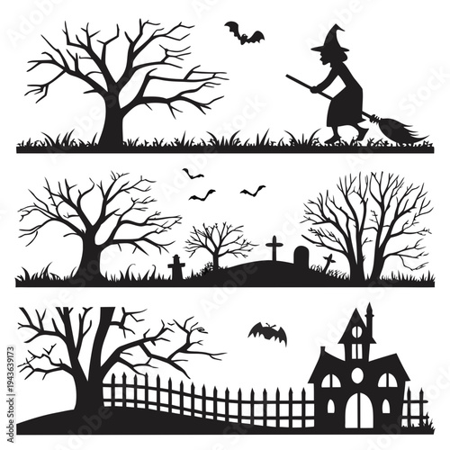 Halloween silhouette landscape with spooky haunted house bare trees witch on broom flying bats and creepy graveyard scene graphic element