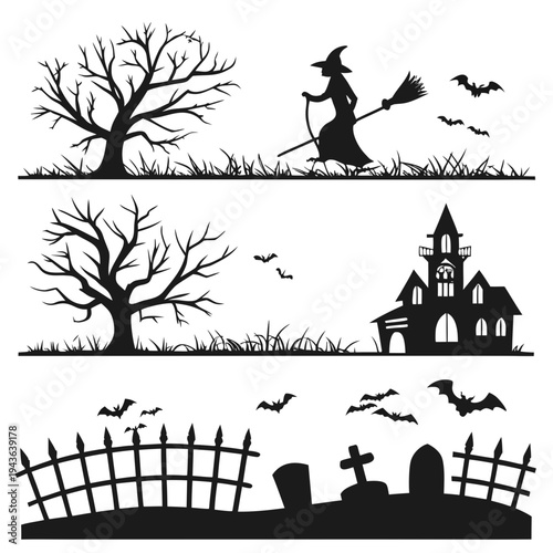 Halloween silhouette landscape with spooky haunted house bare trees witch on broom flying bats and creepy graveyard scene graphic element