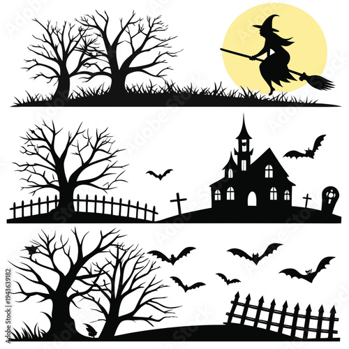 Spooky halloween landscape banners with witch flying across yellow full moon haunted mansion cemetery tombstones dead trees and bats silhouettes set