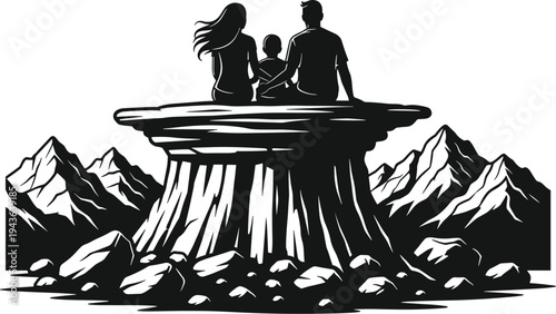 Family silhouette on rock, mountain landscape illustration, togetherness art design, nature unity concept, black and white dramatic artwork, outdoor scene