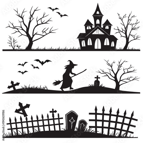 Halloween silhouette landscape with spooky haunted house bare trees witch on broom flying bats and creepy graveyard scene graphic element