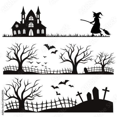Halloween silhouette banners with haunted house witch flying on broomstick graveyard tombstones spooky trees and bats flying over cemetery borders
