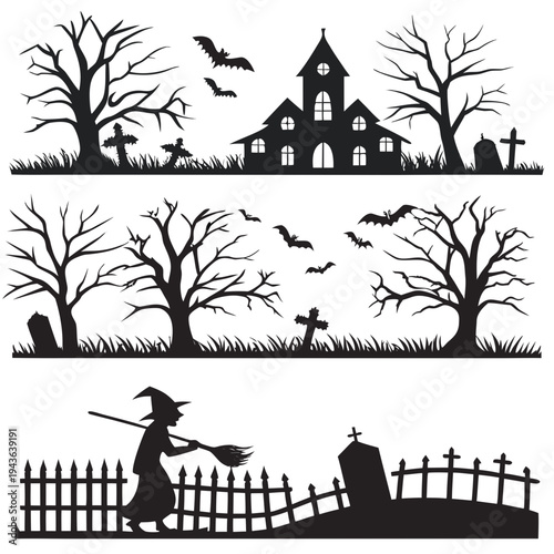 Halloween cemetery borders with witch carrying broomstick walking by fence haunted house on hill spooky trees and bats flying in dark night sky set