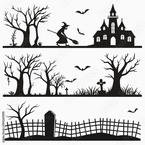 Spooky halloween silhouettes with haunted mansion on hill flying witch and bats cemetery scenes with tombstones dead trees and long wooden fence set