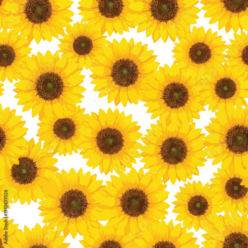 Pattern of bright yellow sunflowers with dark brown centers on a white background