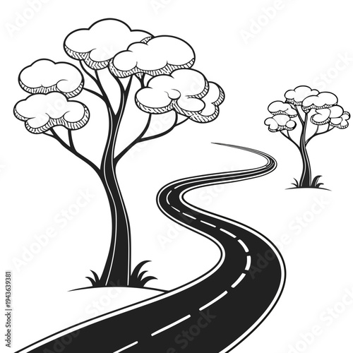 Curvy road with dashed lines extending into distance, flanked by two stylized trees and a small bush under a clear sky
