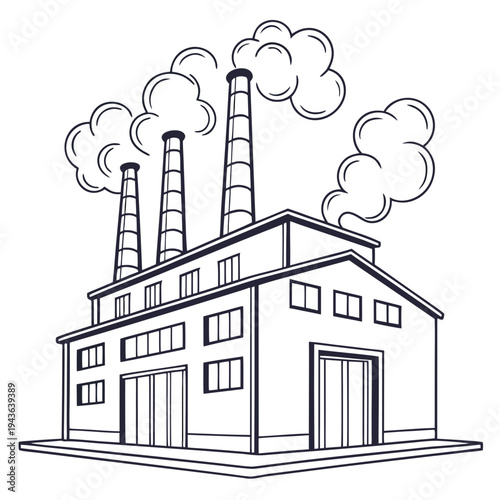 Industrial factory with three smokestacks emitting clouds of smoke against white background vector illustration simple clean drawing cartoon style