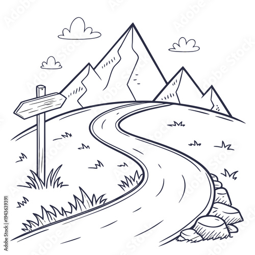 Winding road leading to majestic mountains, with a wooden signpost on the left and a pile of rocks on the right side of the path