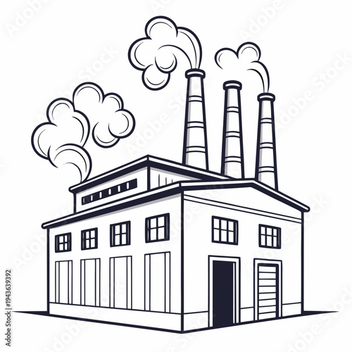 Factory building with four tall smokestacks releasing clouds of smoke vector illustration simple line drawing clean graphic style