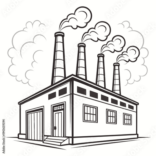 Industrial factory with four smokestacks emitting smoke against white background vector illustration simple line art drawing cartoon style