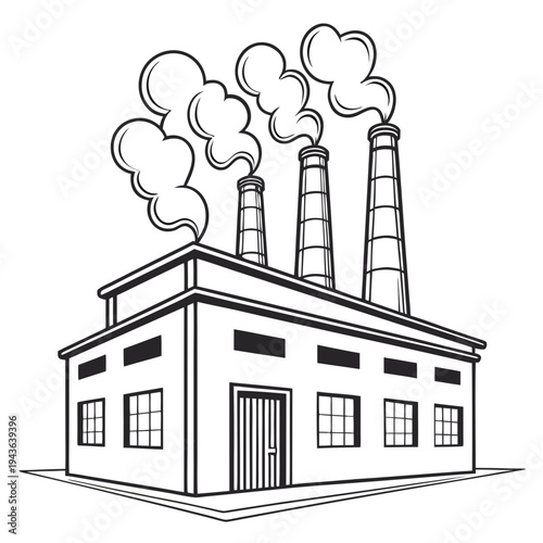 Industrial factory building with four chimneys emitting smoke against white background vector illustration clean line drawing graphic style