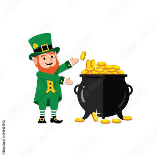 A cheerful leprechaun in a green hat throws gold coins into a pot
