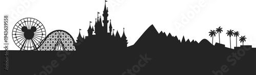 Disneyland skyline silhouette with castle, ferris wheel, roller coaster, mountains and palm trees isolated on white background amusement park vector illustration