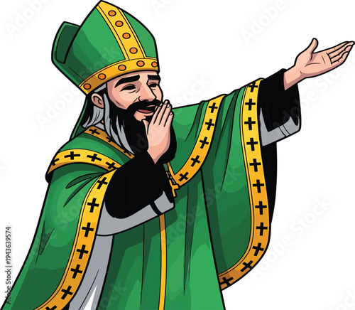 St Patrick's Day illustration of a cheerful man in a green bishop's robe with a cross trim and a matching hat, blessing the viewer with a wave and a smile