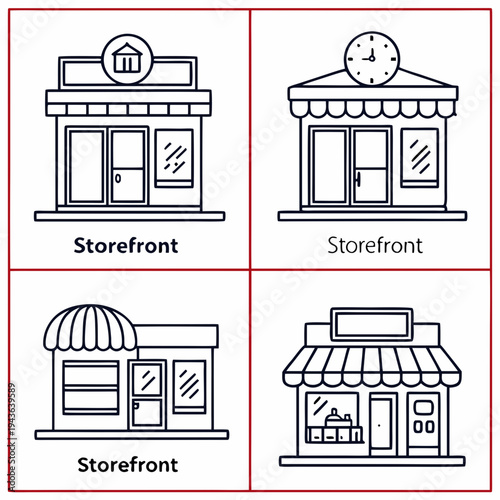 Shop front vector icons collection with different architectural styles including clock towers and awnings for retail business branding and design