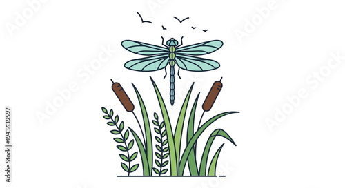 A dragonfly hovers over cattails and plants.