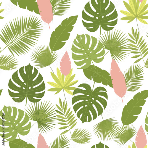 Green tropical leaves pattern with subtle pink and yellow accents