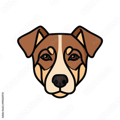 Flat illustration of a brown and white dog's face, facing forward