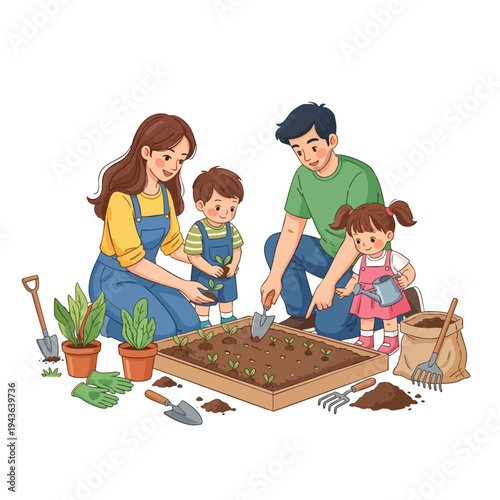 Family planting seedlings in a garden bed with tools and pots nearby