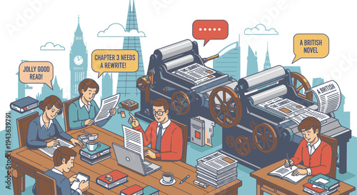 Illustration of office workers collaborating and using computers around wooden desks with a large printing press in a cartoon style, conveying a productive mood with a cityscape background.